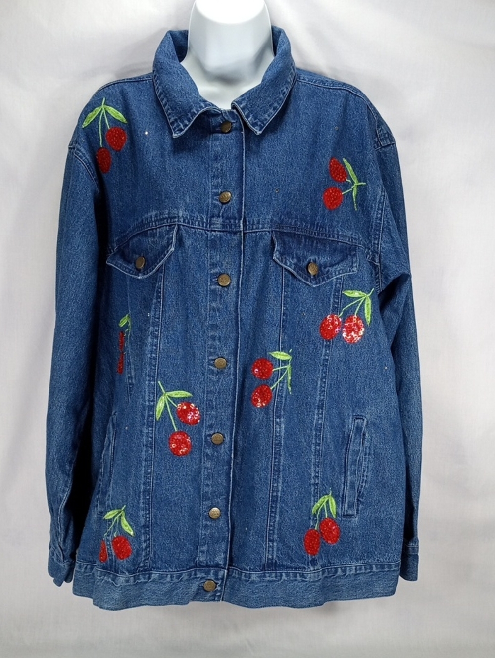Quacker Factory Dark Blue Denim Jacket with Red Cherry Motif